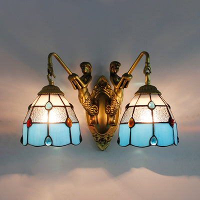 Grid Patterned Stained Glass Sconce Light Tiffany 2 Heads Beige-White-Clear/Clear/Blue-Clear Sconce Light Fixture Blue-Clear Clearhalo 'Industrial' 'Middle century wall lights' 'Tiffany wall lights' 'Tiffany' 'Wall Lamps & Sconces' 'Wall Lights' Lighting' 91062