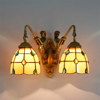 Grid Patterned Stained Glass Sconce Light Tiffany 2 Heads Beige-White-Clear/Clear/Blue-Clear Sconce Light Fixture Beige Clearhalo 'Industrial' 'Middle century wall lights' 'Tiffany wall lights' 'Tiffany' 'Wall Lamps & Sconces' 'Wall Lights' Lighting' 91063