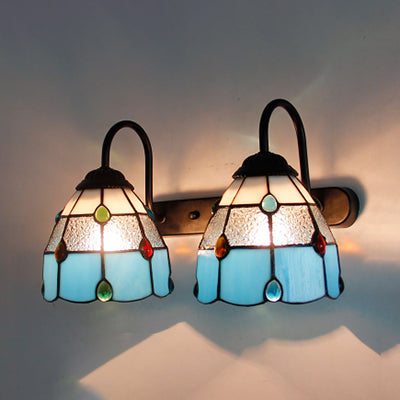 2 Heads Grid Patterned Sconce Lighting Tiffany White-Clear/Clear/Beige-Clear Glass Wall Mounted Light with Agate Decoration Blue-Clear Clearhalo 'Cast Iron' 'Glass' 'Industrial' 'Middle century wall lights' 'Modern' 'Tiffany wall lights' 'Tiffany' 'Traditional wall lights' 'Wall Lamps & Sconces' 'Wall Lights' Lighting' 91068