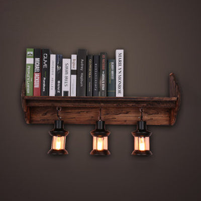 1 Light Lantern Sconce Light Fixture Coastal Style Black Clear Glass Wall Lamp with Wooden Bookshelf Wood Clearhalo 'Industrial wall lights' 'Industrial' 'Middle century wall lights' 'Rustic wall lights' 'Tiffany' 'Wall Lamps & Sconces' 'Wall Lights' Lighting' 91094