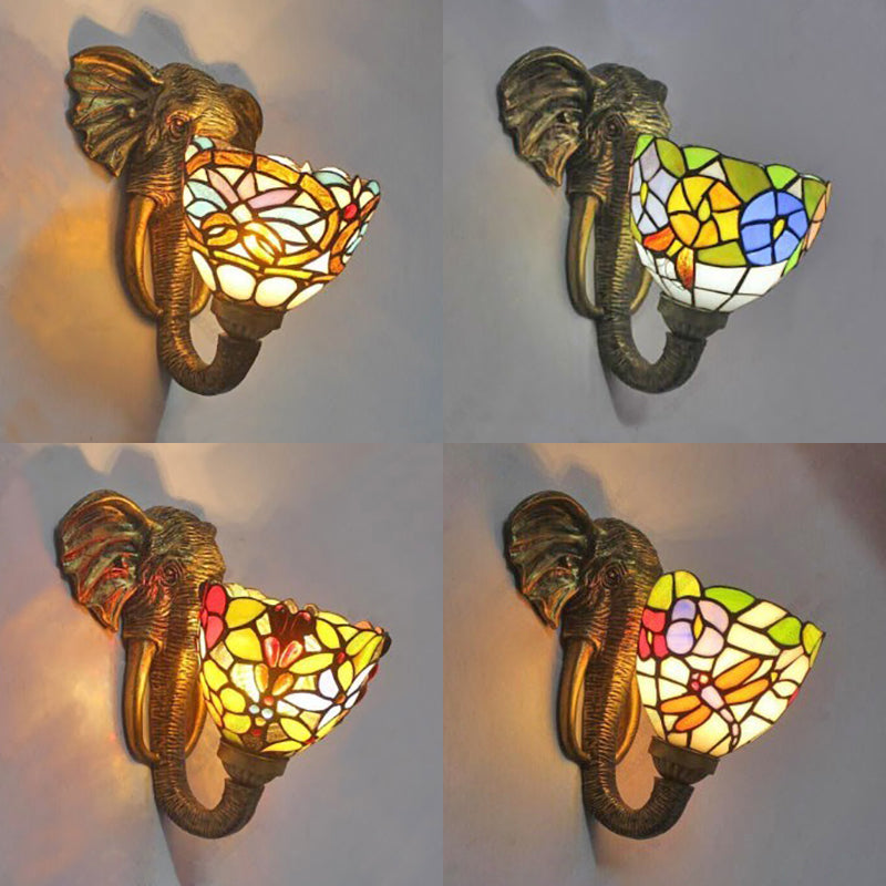 Bowl Sconce Lighting with Elephant Design and Flower/Morning Glory/Dragonfly/Blue Flower Pattern Lodge Style Stained Glass Wall Lamp in Brass Clearhalo 'Industrial' 'Middle century wall lights' 'Tiffany wall lights' 'Tiffany' 'Wall Lamps & Sconces' 'Wall Lights' Lighting' 91138