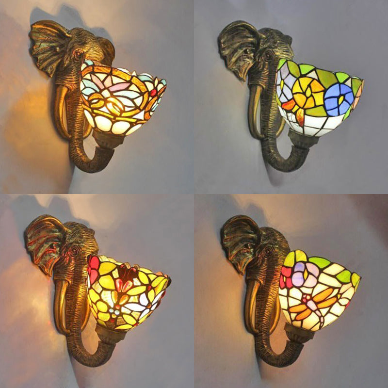Bowl Sconce Lighting with Elephant Design and Flower/Morning Glory/Dragonfly/Blue Flower Pattern Lodge Style Stained Glass Wall Lamp in Brass Clearhalo 'Industrial' 'Middle century wall lights' 'Tiffany wall lights' 'Tiffany' 'Wall Lamps & Sconces' 'Wall Lights' Lighting' 91138
