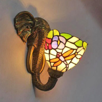 Bowl Sconce Lighting with Elephant Design and Flower/Morning Glory/Dragonfly/Blue Flower Pattern Lodge Style Stained Glass Wall Lamp in Brass Brass Dragonfly Clearhalo 'Industrial' 'Middle century wall lights' 'Tiffany wall lights' 'Tiffany' 'Wall Lamps & Sconces' 'Wall Lights' Lighting' 91139