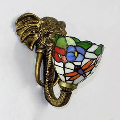 Bowl Sconce Lighting with Elephant Design and Flower/Morning Glory/Dragonfly/Blue Flower Pattern Lodge Style Stained Glass Wall Lamp in Brass Clearhalo 'Industrial' 'Middle century wall lights' 'Tiffany wall lights' 'Tiffany' 'Wall Lamps & Sconces' 'Wall Lights' Lighting' 91140