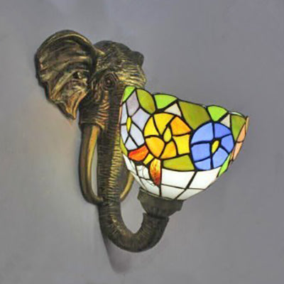 Bowl Sconce Lighting with Elephant Design and Flower/Morning Glory/Dragonfly/Blue Flower Pattern Lodge Style Stained Glass Wall Lamp in Brass Clearhalo 'Industrial' 'Middle century wall lights' 'Tiffany wall lights' 'Tiffany' 'Wall Lamps & Sconces' 'Wall Lights' Lighting' 91141