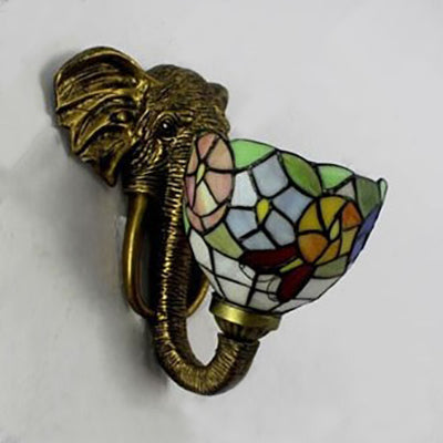 Bowl Sconce Lighting with Elephant Design and Flower/Morning Glory/Dragonfly/Blue Flower Pattern Lodge Style Stained Glass Wall Lamp in Brass Clearhalo 'Industrial' 'Middle century wall lights' 'Tiffany wall lights' 'Tiffany' 'Wall Lamps & Sconces' 'Wall Lights' Lighting' 91142