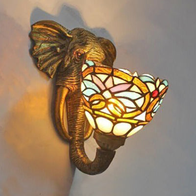 Bowl Sconce Lighting with Elephant Design and Flower/Morning Glory/Dragonfly/Blue Flower Pattern Lodge Style Stained Glass Wall Lamp in Brass Brass Blue Flower Clearhalo 'Industrial' 'Middle century wall lights' 'Tiffany wall lights' 'Tiffany' 'Wall Lamps & Sconces' 'Wall Lights' Lighting' 91143