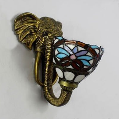 Bowl Sconce Lighting with Elephant Design and Flower/Morning Glory/Dragonfly/Blue Flower Pattern Lodge Style Stained Glass Wall Lamp in Brass Clearhalo 'Industrial' 'Middle century wall lights' 'Tiffany wall lights' 'Tiffany' 'Wall Lamps & Sconces' 'Wall Lights' Lighting' 91144