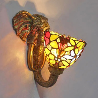 Bowl Sconce Lighting with Elephant Design and Flower/Morning Glory/Dragonfly/Blue Flower Pattern Lodge Style Stained Glass Wall Lamp in Brass Brass Flower Clearhalo 'Industrial' 'Middle century wall lights' 'Tiffany wall lights' 'Tiffany' 'Wall Lamps & Sconces' 'Wall Lights' Lighting' 91145