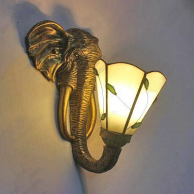 Resin Elephant Wall Lighting with Stained Glass Cone Shade 1 Light Rustic Wall Sconce Beige Clearhalo 'Industrial' 'Middle century wall lights' 'Tiffany wall lights' 'Tiffany' 'Wall Lamps & Sconces' 'Wall Lights' Lighting' 91152