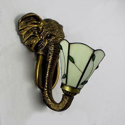 Resin Elephant Wall Lighting with Stained Glass Cone Shade 1 Light Rustic Wall Sconce Clearhalo 'Industrial' 'Middle century wall lights' 'Tiffany wall lights' 'Tiffany' 'Wall Lamps & Sconces' 'Wall Lights' Lighting' 91153