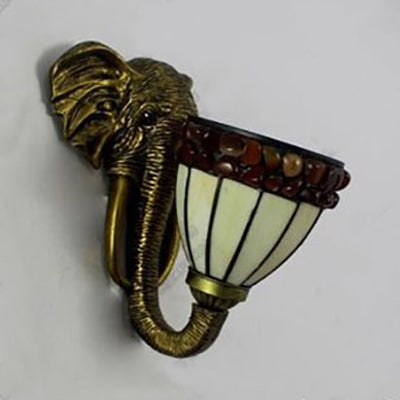 Stained Glass Bowl Wall Lighting with Resin Elephant 1 Light Lodge Sconce Lamp in Brass Clearhalo 'Industrial' 'Middle century wall lights' 'Tiffany wall lights' 'Tiffany' 'Wall Lamps & Sconces' 'Wall Lights' Lighting' 91162