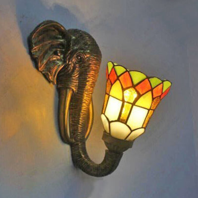 1 Light Bell Wall Mount Light with Elephant Backplate Tiffany Lodge Stained Glass Wall Light in Brass Brass Clearhalo 'Industrial' 'Middle century wall lights' 'Tiffany wall lights' 'Tiffany' 'Wall Lamps & Sconces' 'Wall Lights' Lighting' 91167
