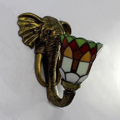 1 Light Bell Wall Mount Light with Elephant Backplate Tiffany Lodge Stained Glass Wall Light in Brass Clearhalo 'Industrial' 'Middle century wall lights' 'Tiffany wall lights' 'Tiffany' 'Wall Lamps & Sconces' 'Wall Lights' Lighting' 91168
