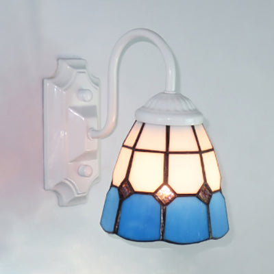 Blue Glass Grid Patterned Sconce Light Fixture Tiffany 1 Head White Wall Mount Light Blue Clearhalo 'Industrial' 'Middle century wall lights' 'Tiffany wall lights' 'Tiffany' 'Wall Lamps & Sconces' 'Wall Lights' Lighting' 91206