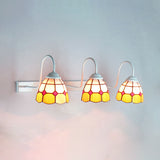 Yellow Glass White Wall Mounted Light Grid Patterned 3 Heads White Vanity Light Fixture Yellow Clearhalo 'Industrial' 'Middle century wall lights' 'Tiffany wall lights' 'Tiffany' 'Wall Lamps & Sconces' 'Wall Lights' Lighting' 91214