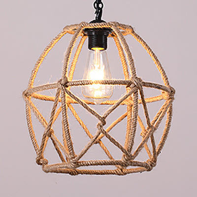 Rustic Geometric Cage Suspension Lamp 1 Bulb Rope Restaurant Ceiling Pendant Light in Beige Beige Clearhalo 'Ceiling Lights' 'Industrial Pendants' 'Industrial' 'Middle Century Pendants' 'Pendant Lights' 'Pendants' 'Tiffany' Lighting' 91332