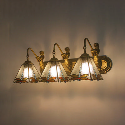 Clear Dimple Glass Pyramid Wall Light Fixture Tiffany 3 Heads Brass Sconce Lighting Clear Clearhalo 'Industrial' 'Middle century wall lights' 'Tiffany wall lights' 'Tiffany' 'Wall Lamps & Sconces' 'Wall Lights' Lighting' 91365