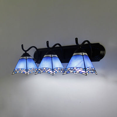 Trapezoid Wall Lamp Nautical Stained Glass 3 Lights Wall Sconce Lighting in Blue Blue Clearhalo 'Industrial' 'Middle century wall lights' 'Tiffany wall lights' 'Tiffany' 'Wall Lamps & Sconces' 'Wall Lights' Lighting' 91369