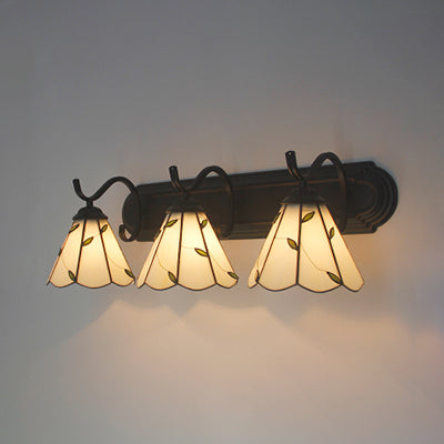 Rustic Leaf Wall Lighting Stained Glass 3 Lights Bathroom Sconce Light with Curved Arm in White White Clearhalo 'Industrial' 'Middle century wall lights' 'Tiffany wall lights' 'Tiffany' 'Wall Lamps & Sconces' 'Wall Lights' Lighting' 91375