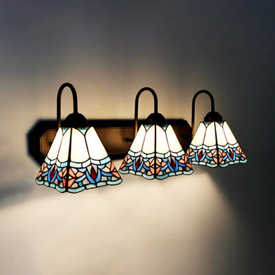 3 Heads Pyramid Vanity Sconce Light Tiffany White Glass Wall Mounted Light for Bathroom Clearhalo 'Industrial' 'Middle century wall lights' 'Tiffany wall lights' 'Tiffany' 'Wall Lamps & Sconces' 'Wall Lights' Lighting' 91453