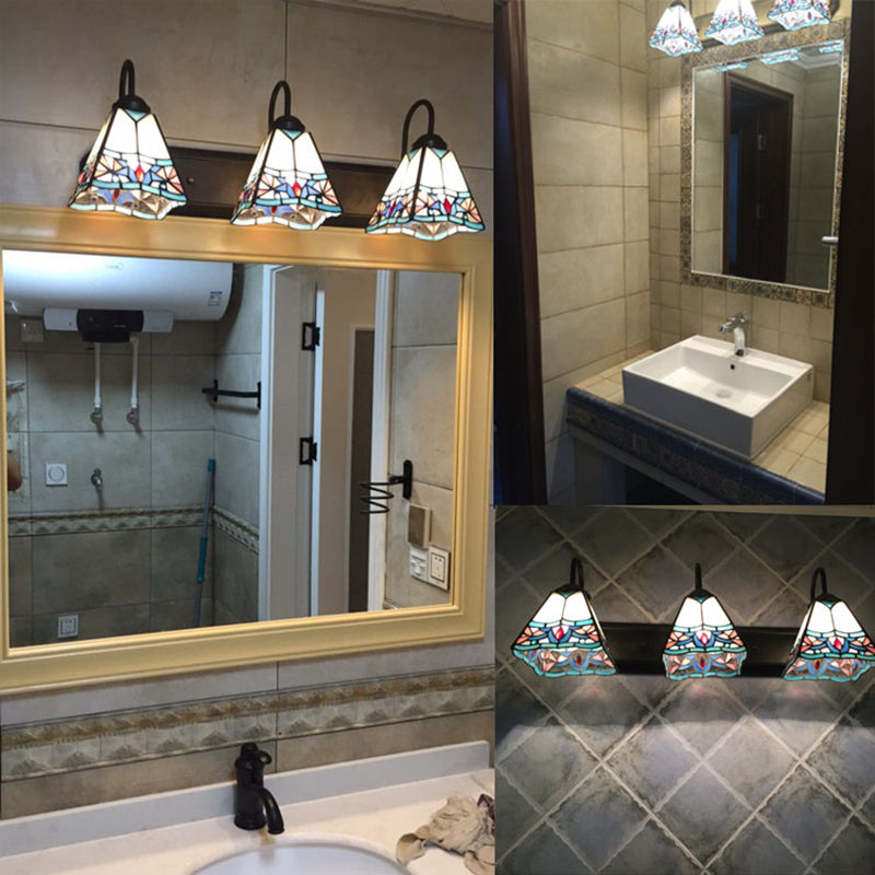 3 Heads Pyramid Vanity Sconce Light Tiffany White Glass Wall Mounted Light for Bathroom White Clearhalo 'Industrial' 'Middle century wall lights' 'Tiffany wall lights' 'Tiffany' 'Wall Lamps & Sconces' 'Wall Lights' Lighting' 91455