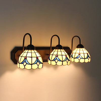 Beige Glass Dome Wall Mounted Light Baroque 3 Heads Black Sconce Lighting with Flower Pattern Beige Clearhalo 'Industrial' 'Middle century wall lights' 'Tiffany wall lights' 'Tiffany' 'Wall Lamps & Sconces' 'Wall Lights' Lighting' 91465