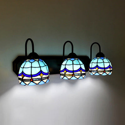 3 Heads Living Room Wall Mounted Light Baroque Blue Sconce Light with Dome Stained Glass Shade Blue Clearhalo 'Industrial' 'Middle century wall lights' 'Tiffany wall lights' 'Tiffany' 'Wall Lamps & Sconces' 'Wall Lights' Lighting' 91468
