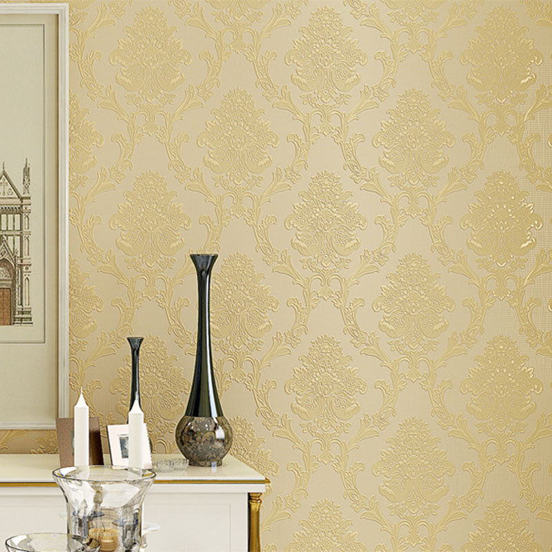 Non-Pasted Wallpaper 57.1 sq ft. Nordic Luxe 3D Embossed Damasque Wall Covering for Guest Room and Coffee Shop Yellow Clearhalo 'Vintage wall decor' 'Vintage' 'Wallpaper' Wall Decor' 914779