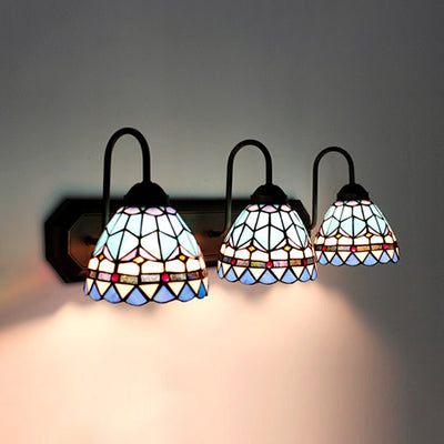 Dome Multicolor Stained Glass Sconce Light Fixture Baroque 3 Heads Blue Wall Mounted Light Blue Clearhalo 'Industrial' 'Middle century wall lights' 'Tiffany wall lights' 'Tiffany' 'Wall Lamps & Sconces' 'Wall Lights' Lighting' 91481