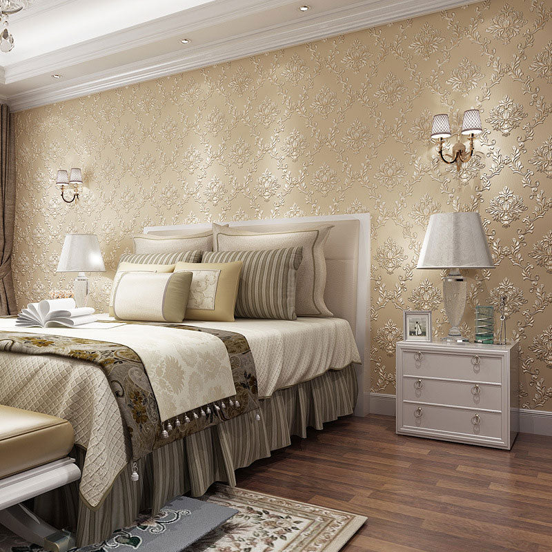 Classic Wall Decor 3D Visual Damasque Non-Pasted Wallpaper Roll, 33'L x 20.5"W Light Khaki Clearhalo 'Vintage wall decor' 'Vintage' 'Wallpaper' Wall Decor' 914879