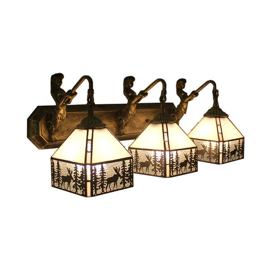 Lodge Style Deer Wall Lighting with Mermaid Beige Glass 3 Heads Sconce Light for Bathroom Beige Clearhalo 'Industrial' 'Middle century wall lights' 'Tiffany wall lights' 'Tiffany' 'Wall Lamps & Sconces' 'Wall Lights' Lighting' 91490