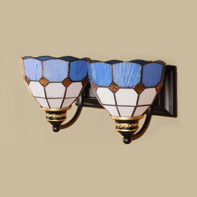 2 Heads Sconce Light Fixture Baroque Grid Patterned Blue Glass Wall Mounted Light Clearhalo 'Industrial' 'Middle century wall lights' 'Tiffany wall lights' 'Tiffany' 'Wall Lamps & Sconces' 'Wall Lights' Lighting' 91493