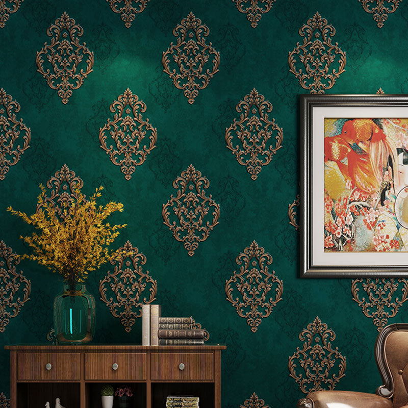 Pastel Color 57.1 sq ft. Wallpaper Non-Woven Moisture-Resistant 3D Print Damask Design Wall Covering Peacock Green Clearhalo 'Vintage wall decor' 'Vintage' 'Wallpaper' Wall Decor' 914941