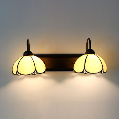 Beige Glass Petal Wall Mounted Light Tiffany 2 Heads Black Sconce Light Fixture for Bedroom Beige Clearhalo 'Industrial' 'Middle century wall lights' 'Tiffany wall lights' 'Tiffany' 'Wall Lamps & Sconces' 'Wall Lights' Lighting' 91495
