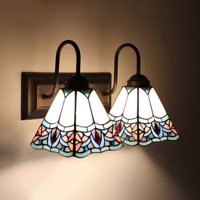 Pyramid Stained Glass Wall Mount Light Baroque 2 Heads Blue Sconce Lighting for Bedroom Blue Clearhalo 'Industrial' 'Middle century wall lights' 'Tiffany wall lights' 'Tiffany' 'Wall Lamps & Sconces' 'Wall Lights' Lighting' 91504