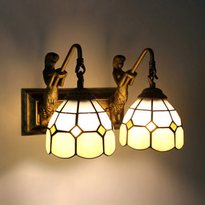 Antique Brass Dome Wall Mounted Light Baroque 2 Heads Beige Glass Sconce Lighting Beige Clearhalo 'Industrial' 'Middle century wall lights' 'Tiffany wall lights' 'Tiffany' 'Wall Lamps & Sconces' 'Wall Lights' Lighting' 91506