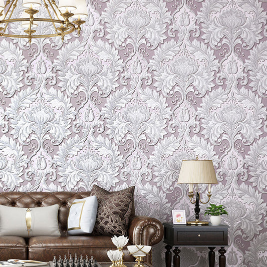 Vinyl Luxe Wallpaper 33' x 20.5" European Non-Pasted Wall Covering with 3D Effect Blossoms Purple Clearhalo 'Vintage wall decor' 'Vintage' 'Wallpaper' Wall Decor' 915110