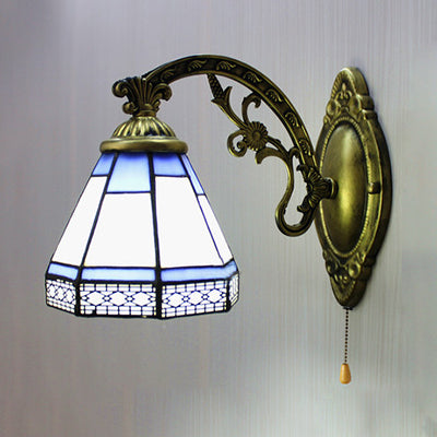Vintage Cone Wall Lighting with Pull Chain Stained Glass 1 Light Wall Sconce in Blue for Bedroom Clearhalo 'Industrial' 'Middle century wall lights' 'Tiffany wall lights' 'Tiffany' 'Wall Lamps & Sconces' 'Wall Lights' Lighting' 91536