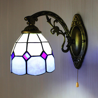 Curved Arm Wall Lamp with Pull Chain and Bowl Shade Tiffany Style Stained Glass 1 Light Sconce Light in Blue Blue Clearhalo 'Industrial' 'Middle century wall lights' 'Tiffany wall lights' 'Tiffany' 'Wall Lamps & Sconces' 'Wall Lights' Lighting' 91559