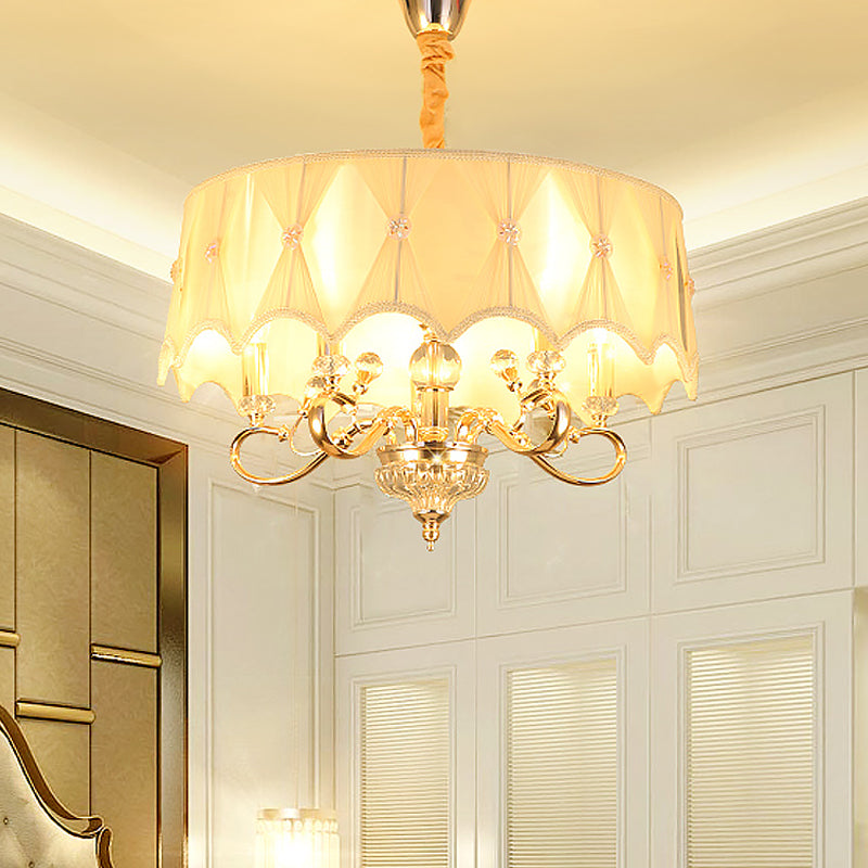 5 Bulbs Smocked Pleated Shade Chandelier Light Contemporary Beige Fabric Ceiling Pendant in Gold Beige Clearhalo 'Ceiling Lights' 'Chandeliers' 'Modern Chandeliers' 'Modern' Lighting' 915723