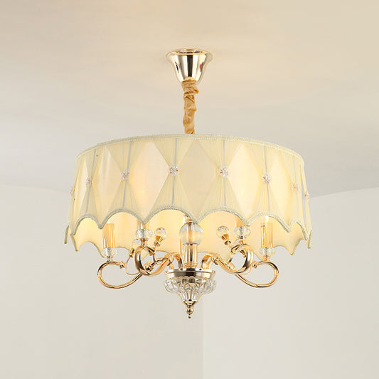 5 Bulbs Smocked Pleated Shade Chandelier Light Contemporary Beige Fabric Ceiling Pendant in Gold Clearhalo 'Ceiling Lights' 'Chandeliers' 'Modern Chandeliers' 'Modern' Lighting' 915724
