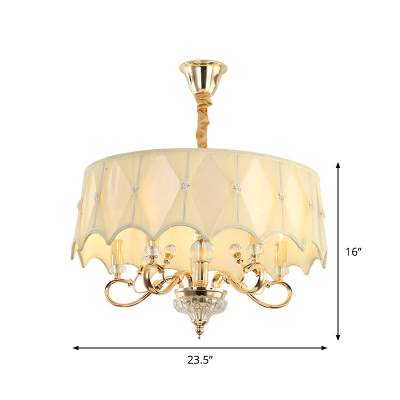 5 Bulbs Smocked Pleated Shade Chandelier Light Contemporary Beige Fabric Ceiling Pendant in Gold Clearhalo 'Ceiling Lights' 'Chandeliers' 'Modern Chandeliers' 'Modern' Lighting' 915726