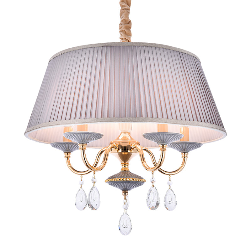 White/Grey Fabric Shade Chandelier Tapered Drum 5-Light Modernism Hanging Light Fixture Clearhalo 'Ceiling Lights' 'Chandeliers' 'Modern Chandeliers' 'Modern' Lighting' 915728