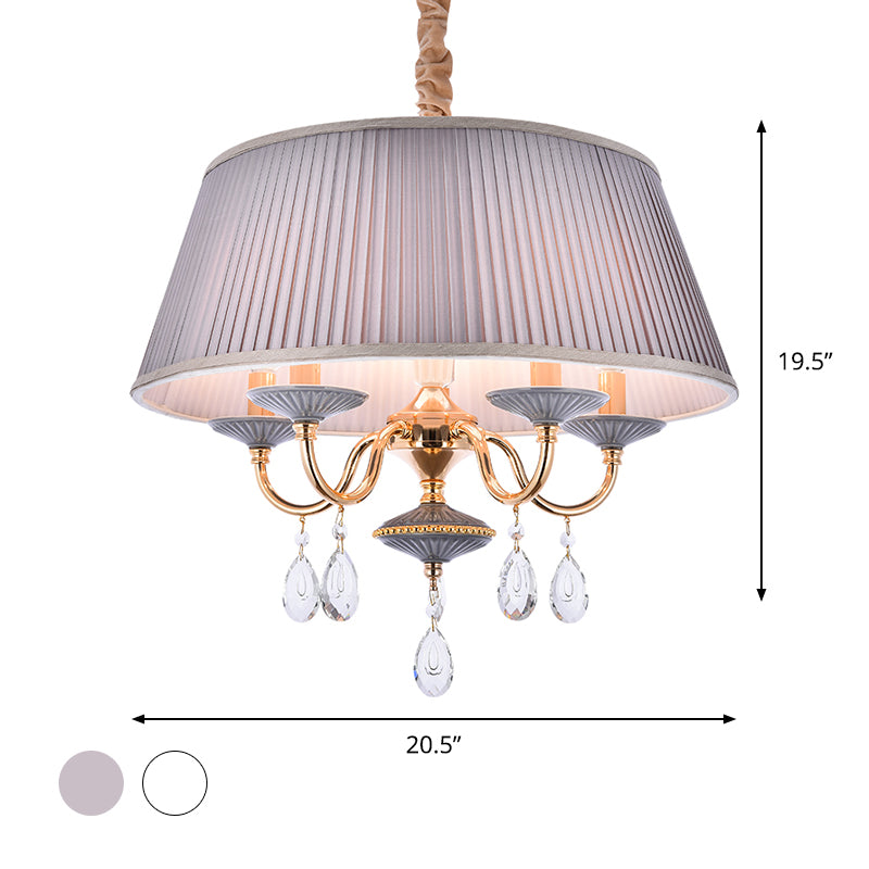White/Grey Fabric Shade Chandelier Tapered Drum 5-Light Modernism Hanging Light Fixture Clearhalo 'Ceiling Lights' 'Chandeliers' 'Modern Chandeliers' 'Modern' Lighting' 915730