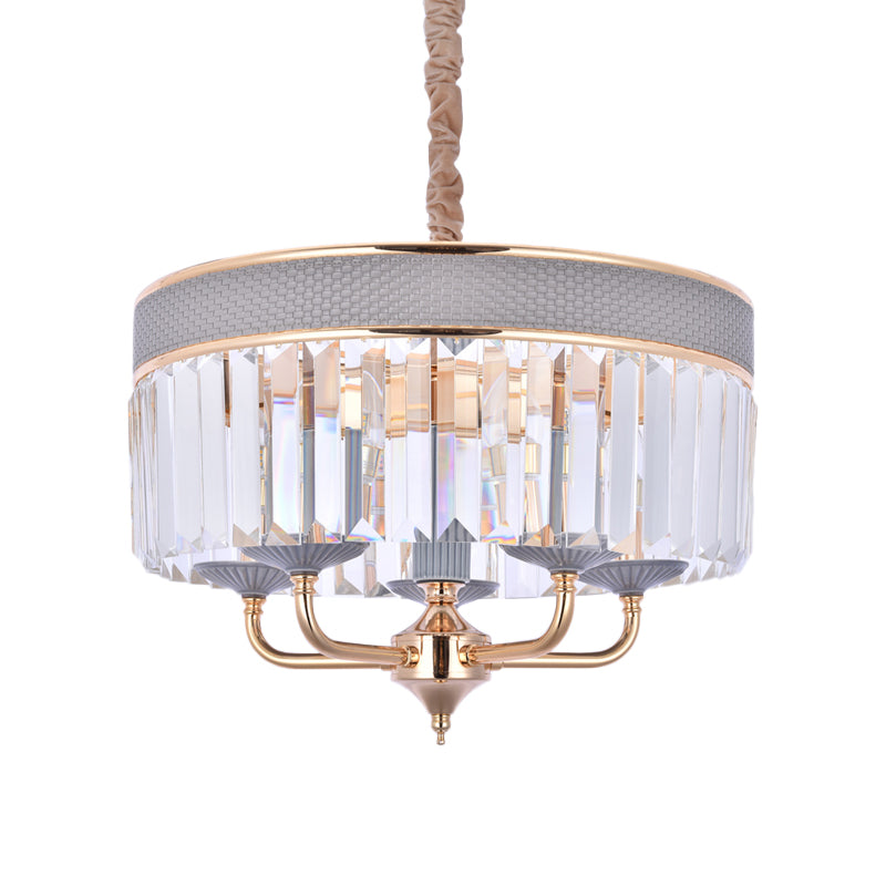 Drum Chandelier Lamp Contemporary Crystal Shade 5 Heads Pendant Lighting Fixture with Metal Arm in Grey Clearhalo 'Ceiling Lights' 'Chandeliers' 'Modern Chandeliers' 'Modern' Lighting' 915740