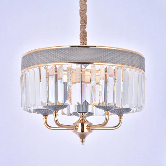 Drum Chandelier Lamp Contemporary Crystal Shade 5 Heads Pendant Lighting Fixture with Metal Arm in Grey Clearhalo 'Ceiling Lights' 'Chandeliers' 'Modern Chandeliers' 'Modern' Lighting' 915741