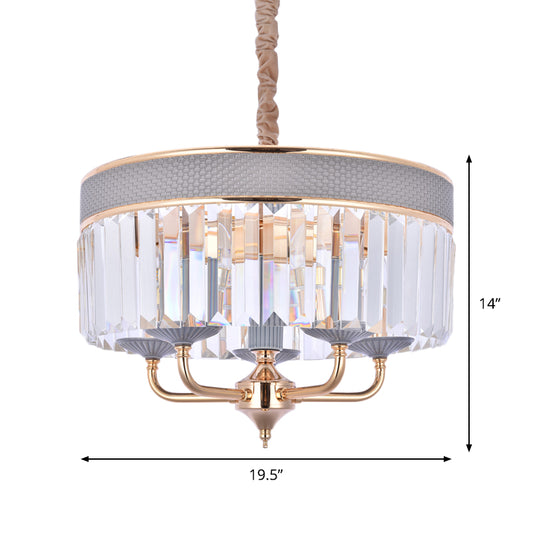 Drum Chandelier Lamp Contemporary Crystal Shade 5 Heads Pendant Lighting Fixture with Metal Arm in Grey Clearhalo 'Ceiling Lights' 'Chandeliers' 'Modern Chandeliers' 'Modern' Lighting' 915742