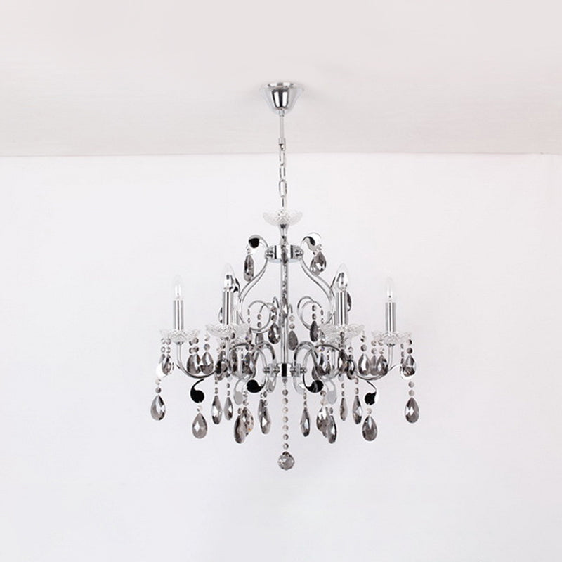 6 Lights Candle-Style Hanging Chandelier with Swirled Arm Smoke Grey Crystal Contemporary Dining Room Suspension Lamp Clearhalo 'Ceiling Lights' 'Chandeliers' 'Modern Chandeliers' 'Modern' Lighting' 915748