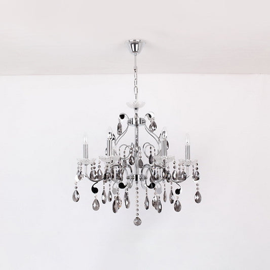 6 Lights Candle-Style Hanging Chandelier with Swirled Arm Smoke Grey Crystal Contemporary Dining Room Suspension Lamp Clearhalo 'Ceiling Lights' 'Chandeliers' 'Modern Chandeliers' 'Modern' Lighting' 915748